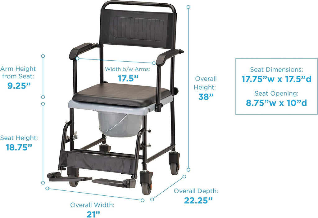 Hammertone Transport Chair Commode with Locking Wheels and Removable Padded Seat B598707