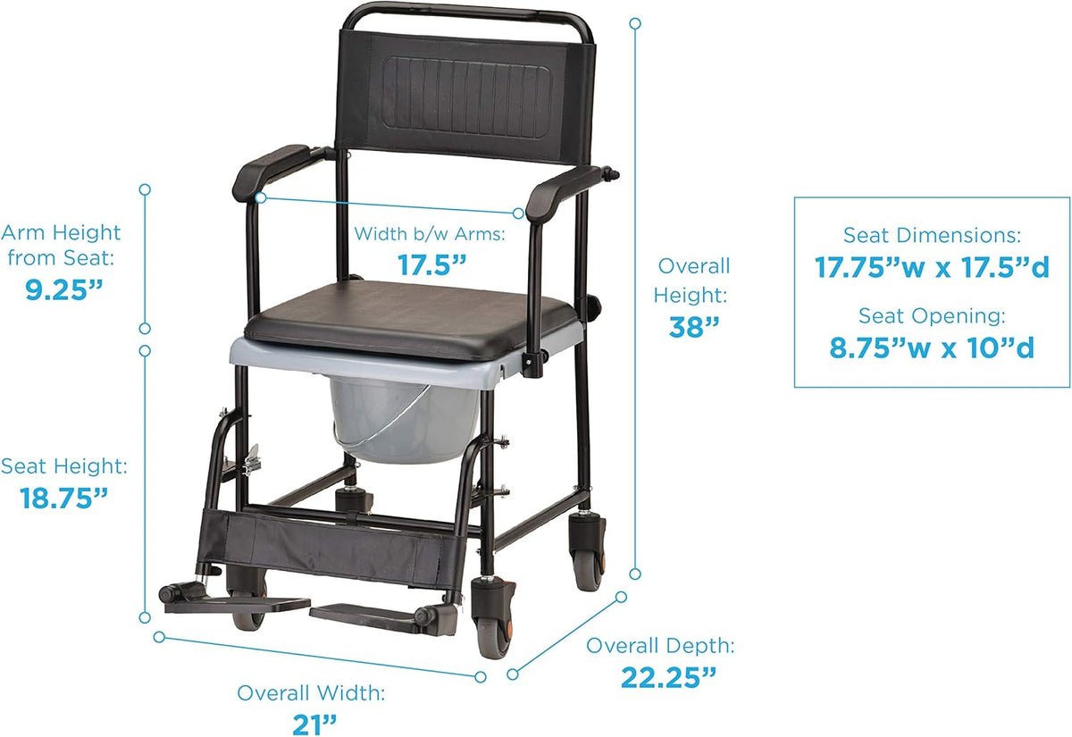 Hammertone Transport Chair Commode with Locking Wheels and Removable Padded Seat B598707