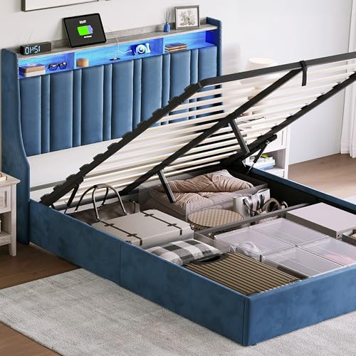 Dark Grey Queen Size Upholstered Storage Bed Frame with LED Lights F820106