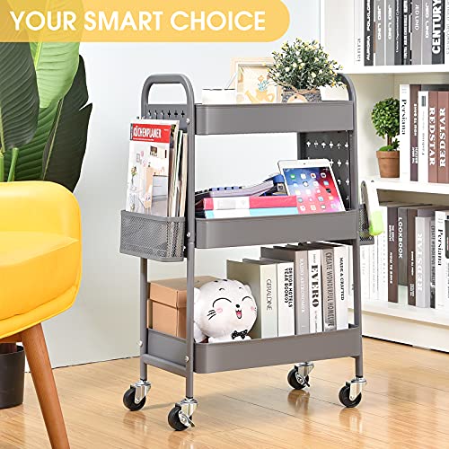 3-Tier Metal Rolling Utility Cart with Pegboards, Pink J129674