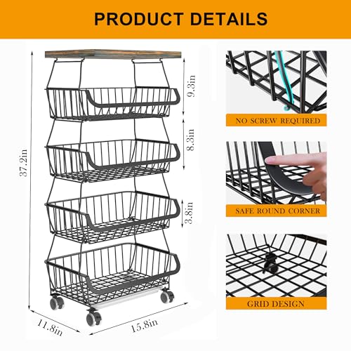 5 Tier Stackable Metal Wire Basket with Wheels Q199