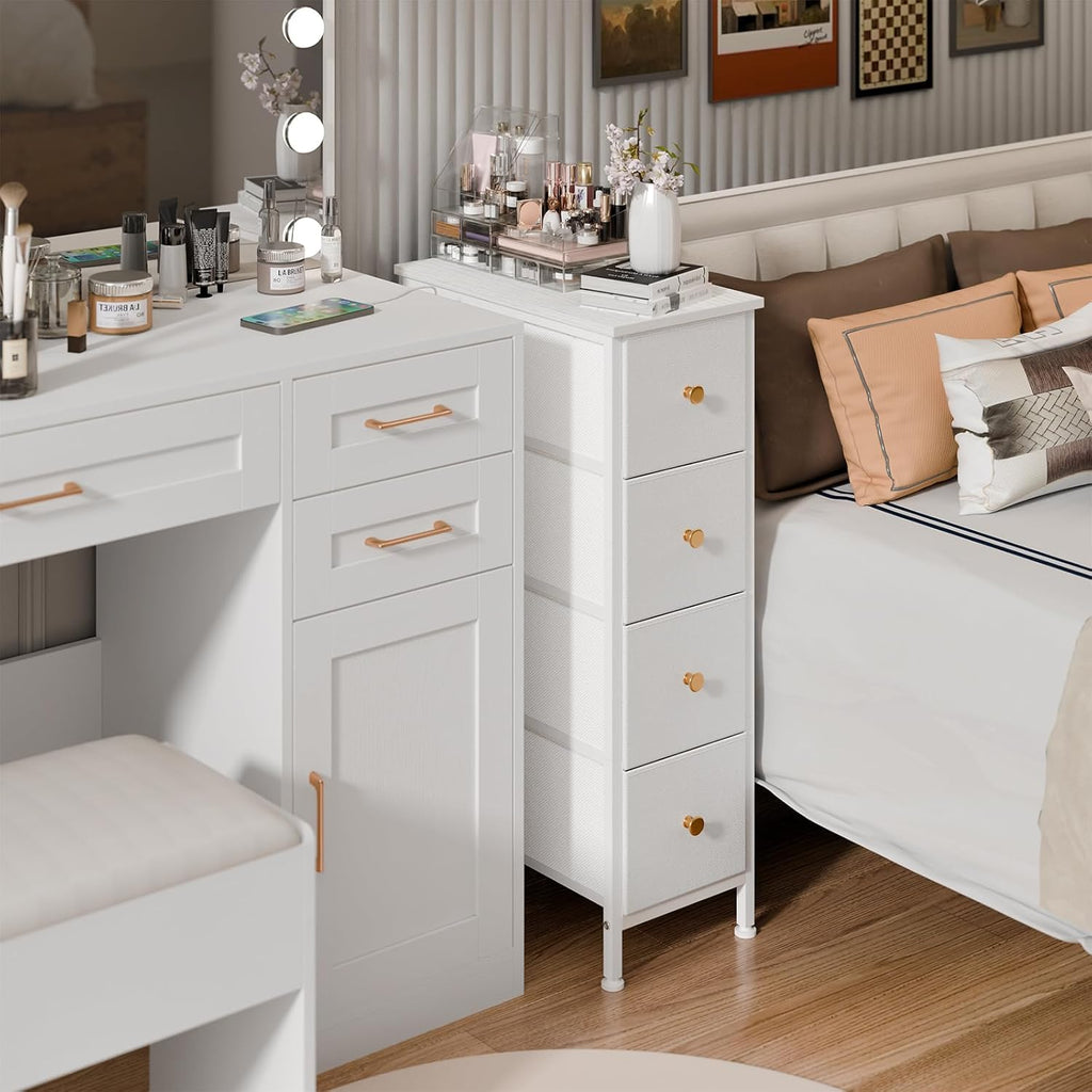 White 4 Drawer Slim Fabric Dresser with Steel Frame and Wood Top I920524