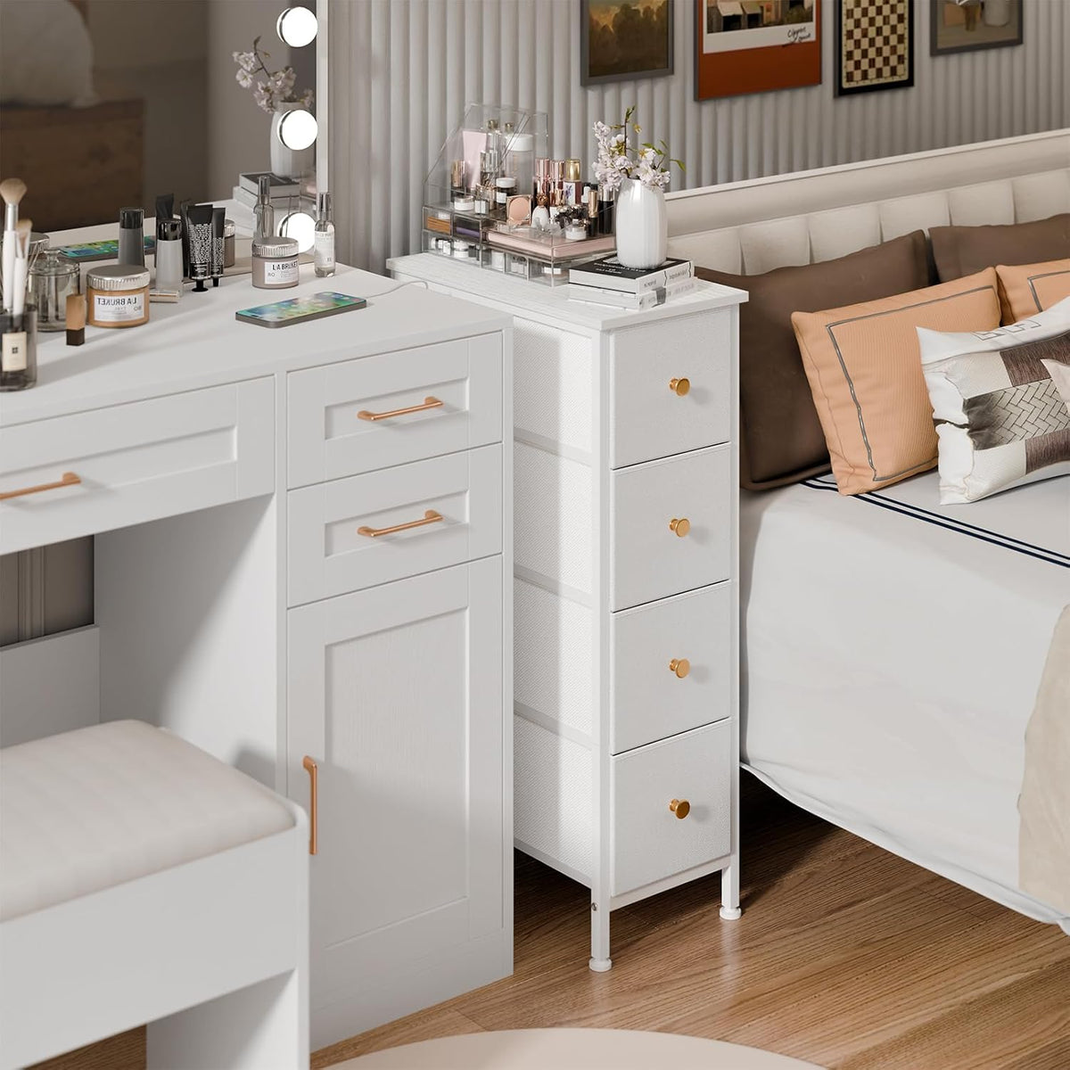 White 4 Drawer Slim Fabric Dresser with Steel Frame and Wood Top I920524