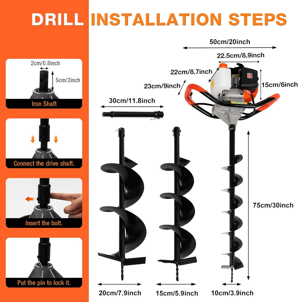 52cc 2 Stroke Gas Powered Post Hole Digger with Drill Bits and Extension Rods A6193