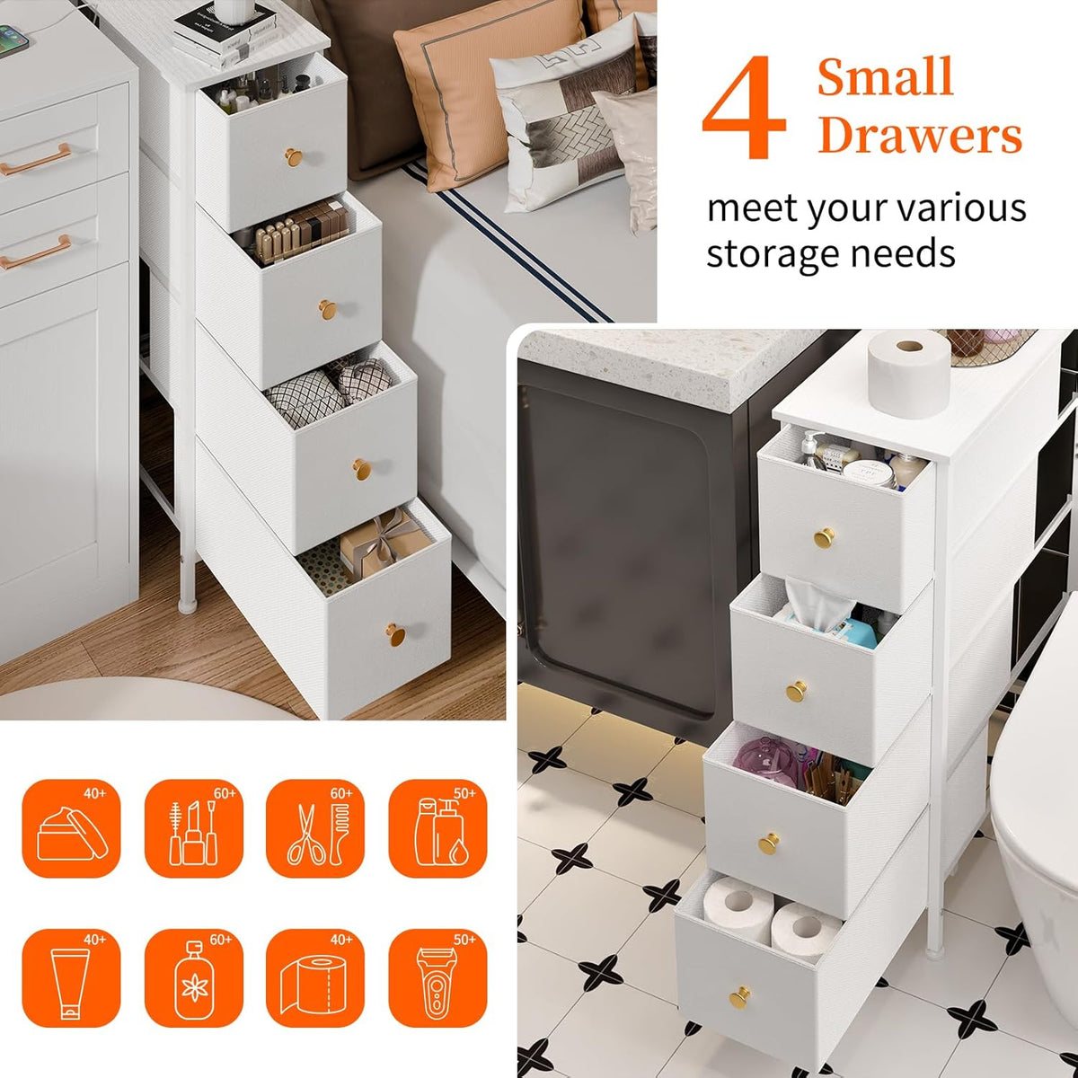 White 4 Drawer Slim Fabric Dresser with Steel Frame and Wood Top I920524