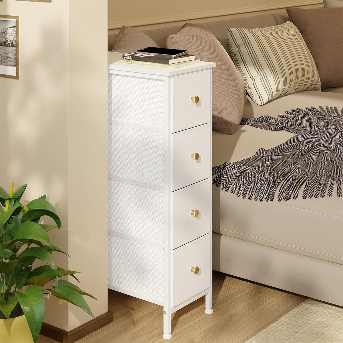 White 4 Drawer Slim Fabric Dresser with Steel Frame and Wood Top I920524