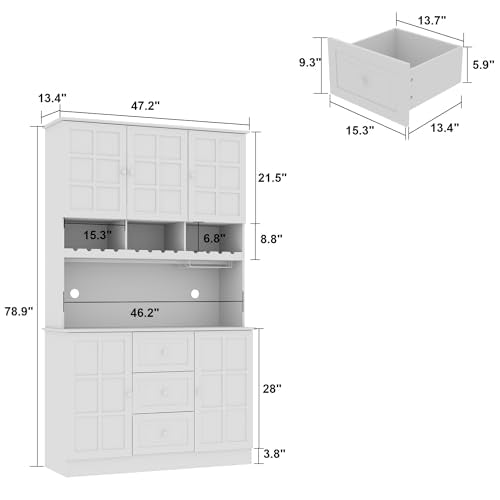 White Freestanding Wood Kitchen Pantry with Glass Doors, Drawers and Adjustable Shelves M769236