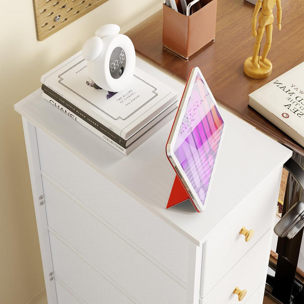 White 4 Drawer Slim Fabric Dresser with Steel Frame and Wood Top I920524
