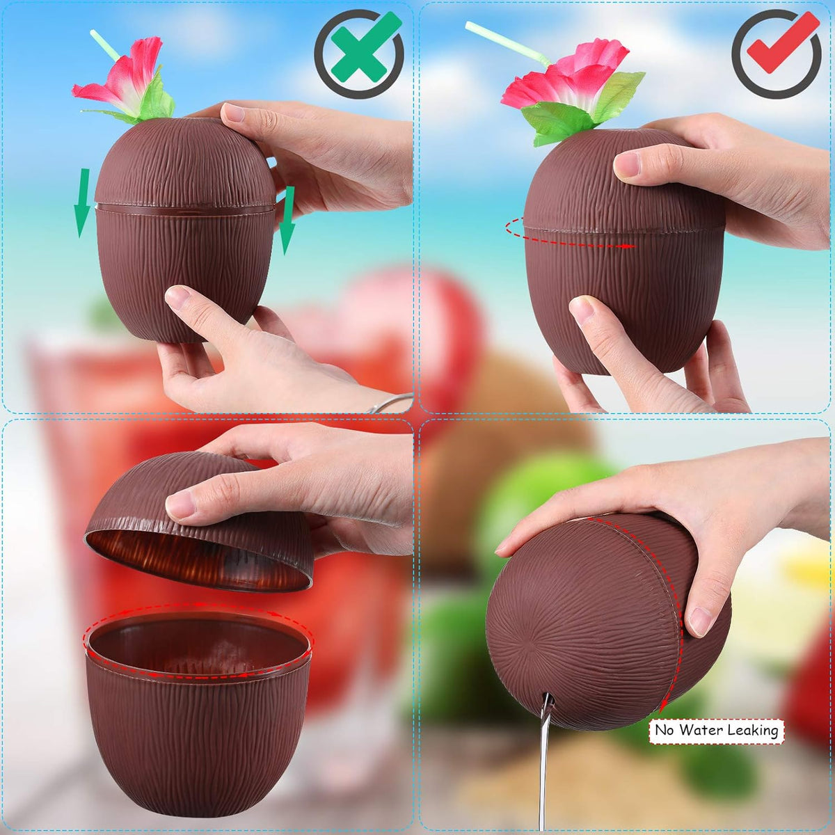 15 Pieces Coconut Cups with 15 Pieces Plastic Colorful Hibiscus Straws H3601
