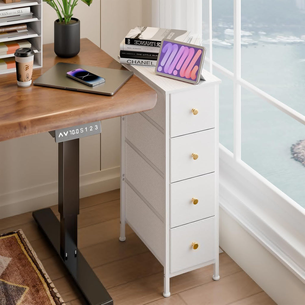 White 4 Drawer Slim Fabric Dresser with Steel Frame and Wood Top I920524