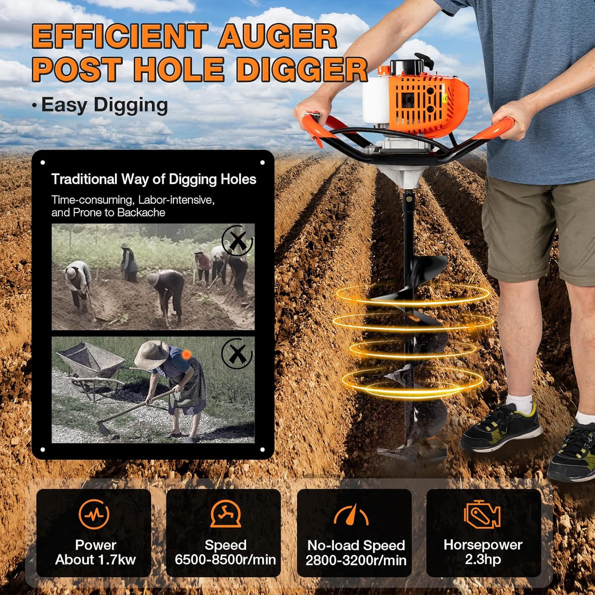 52cc 2 Stroke Gas Powered Post Hole Digger with Drill Bits and Extension Rods A6193
