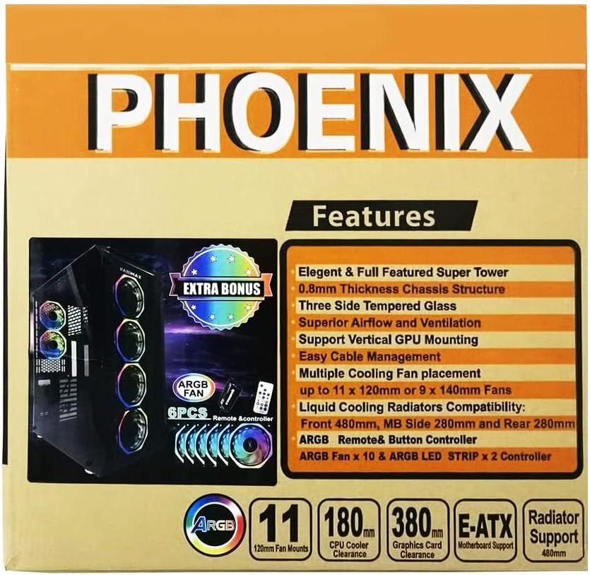 Full-Tower E-ATX Computer Gaming Case with 3-Sided Reinforced Glass, USB 3.0, 6 12cm Fans Q74954