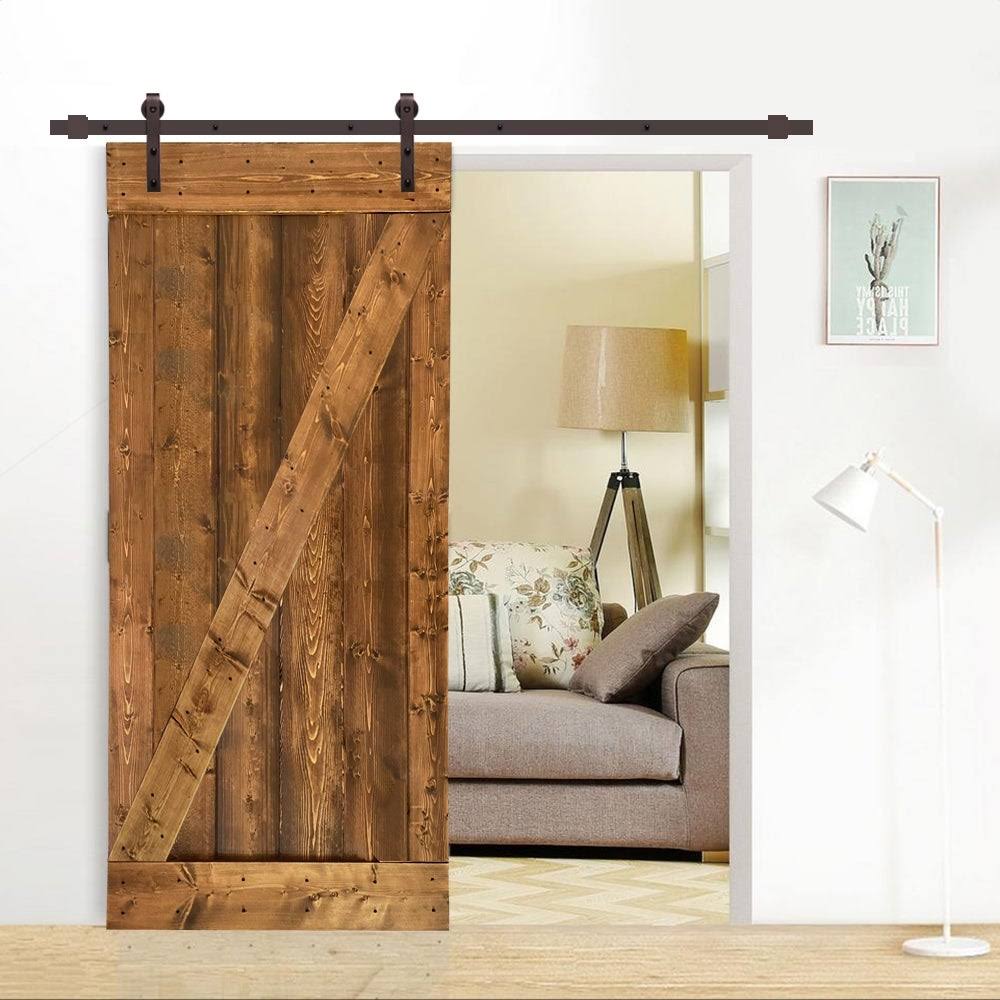Walnut Solid Knotty Pine Wood Interior Sliding Barn Door with Hardware Kit E575799