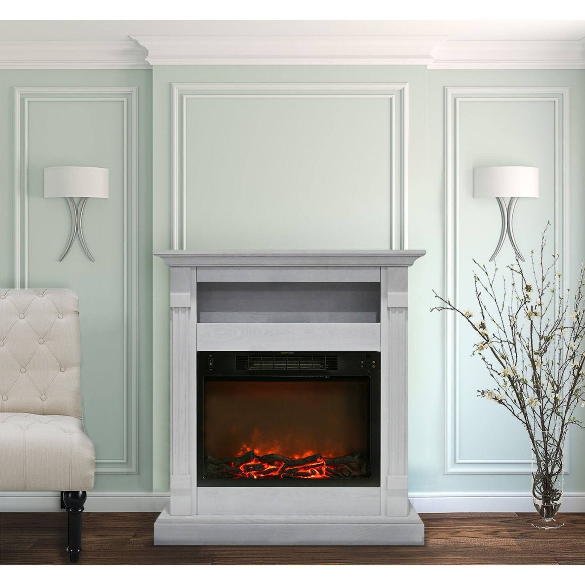 White Fireplace Mantel with Electronic Fireplace Insert Z70405