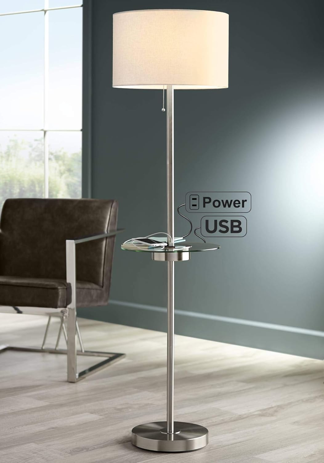 Modern Contemporary Floor Lamp with Tray USB and AC Power Outlet Glass Satin Nickel White Fabric Drum Shade X941
