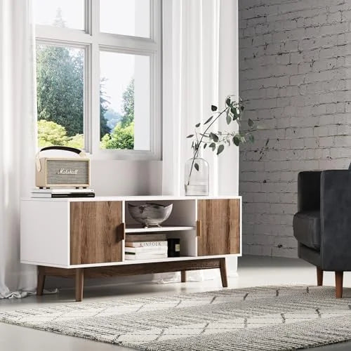 Media Console Cabinet or TV Stand with Doors in Natural Reclaimed Herringbone Wood Pattern and Metal M486081