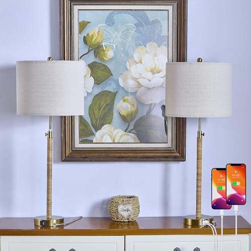 Rattan Buffet Table Lamp Set of 2 Adjustable with USB Ports R535749