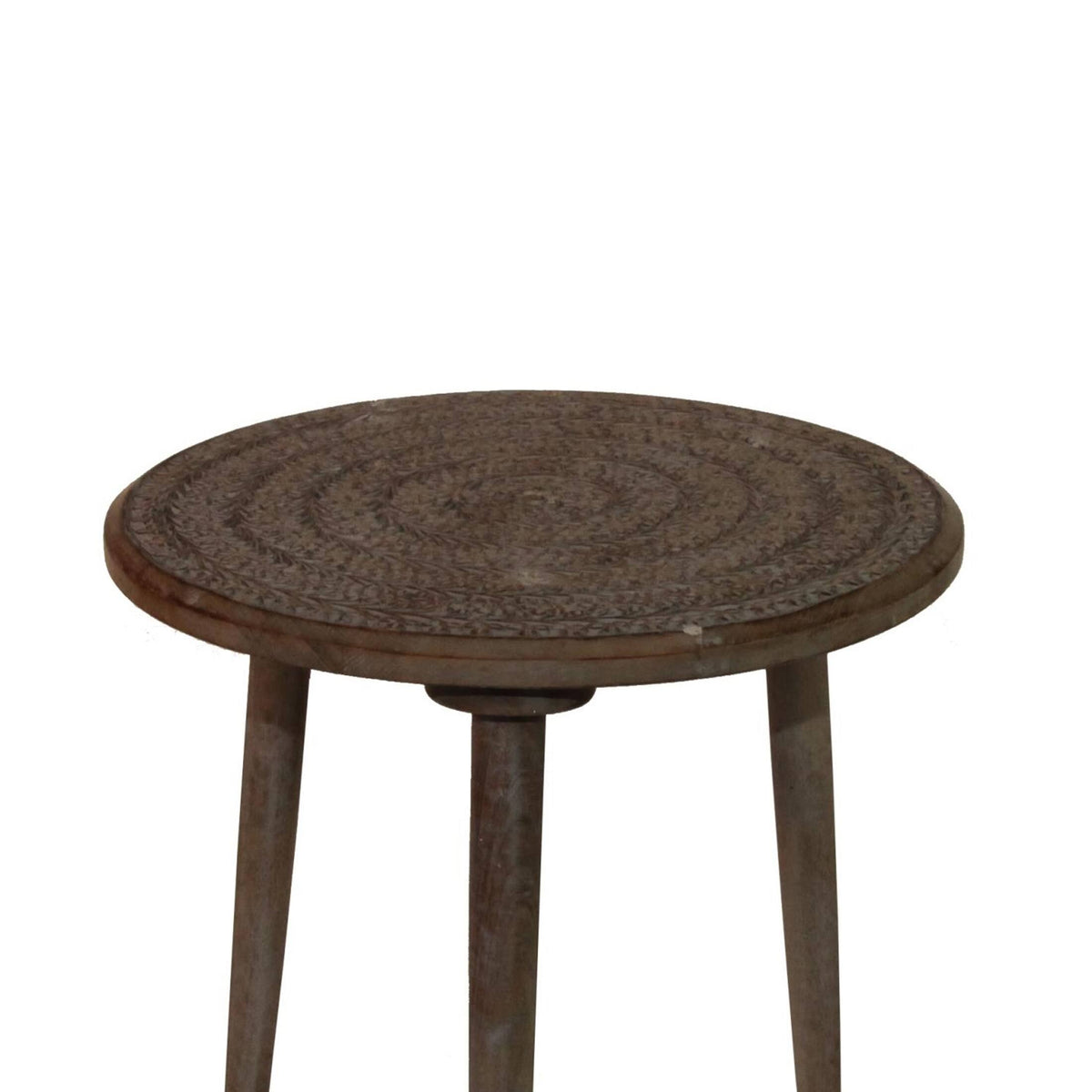 Brown Round Top Wooden Accent Table with Leaf Engraving U70060