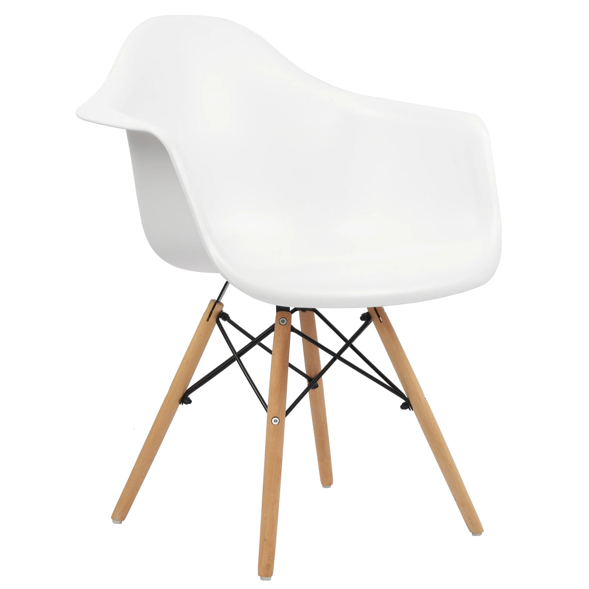 White Plastic Chair with Arms and Wooden Legs, Set of 4 I4032