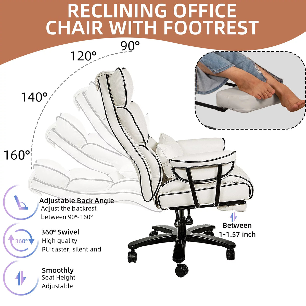 Big and Tall Ergonomic PU Leather Reclining Office Chair with Footrest G68429