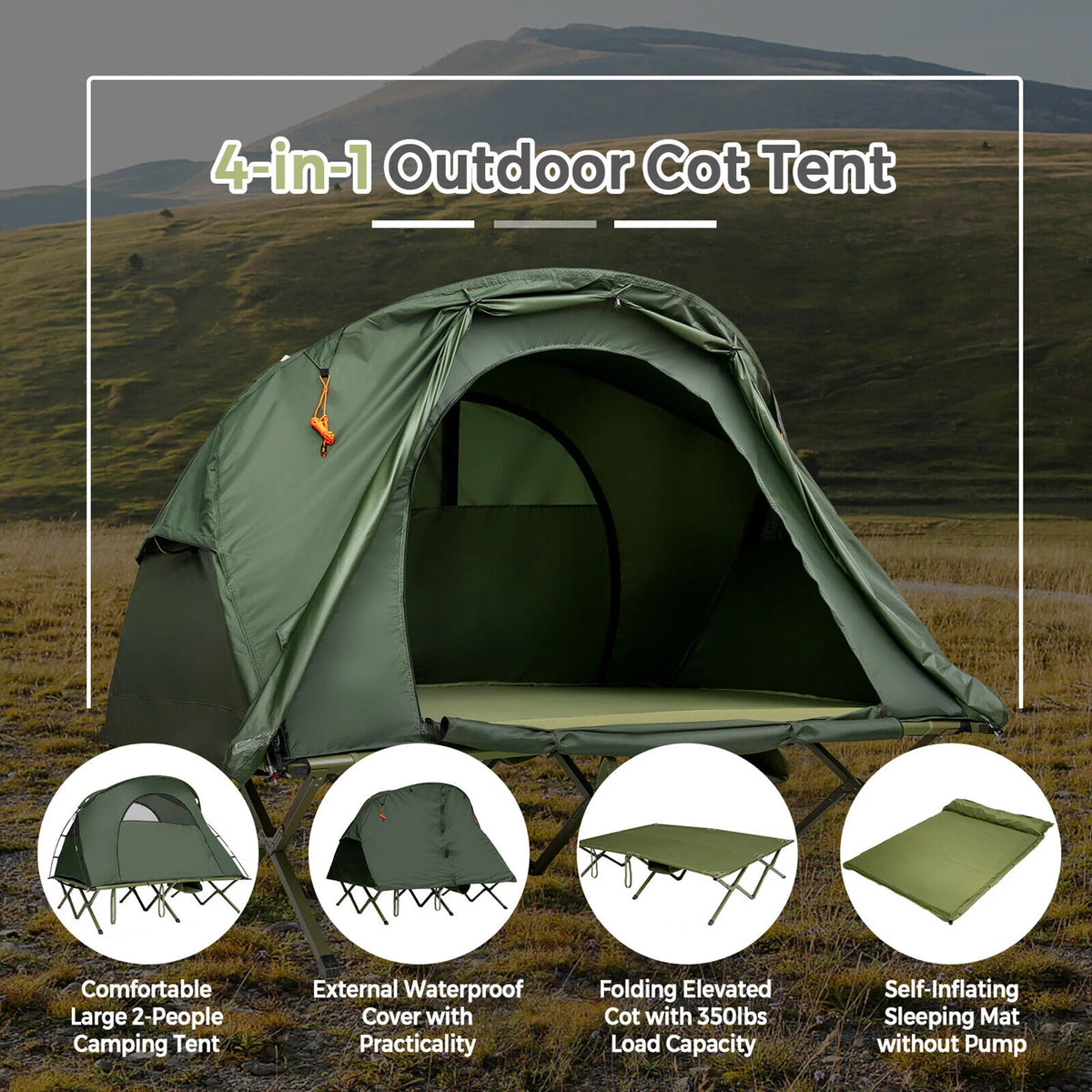 2-Person Elevated Camping Tent Cot with External Cover Green P4963