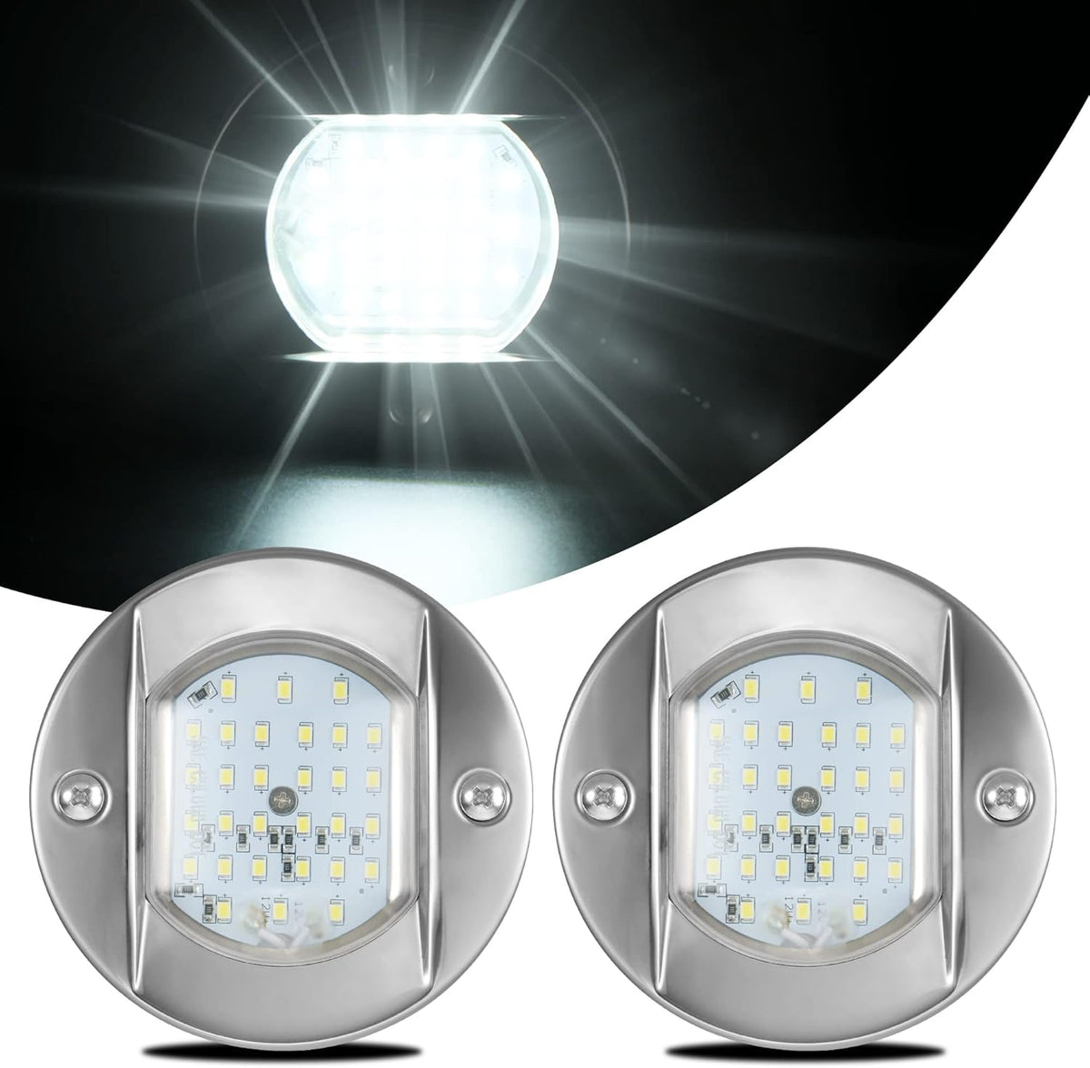 4 Round Marine Courtesy Indicator Lights, 1800LM 30LED IP68 Boat Transom Light Surface Mount Waterproof, 316 Stainless Steel, 2Pcs Cool White I651904