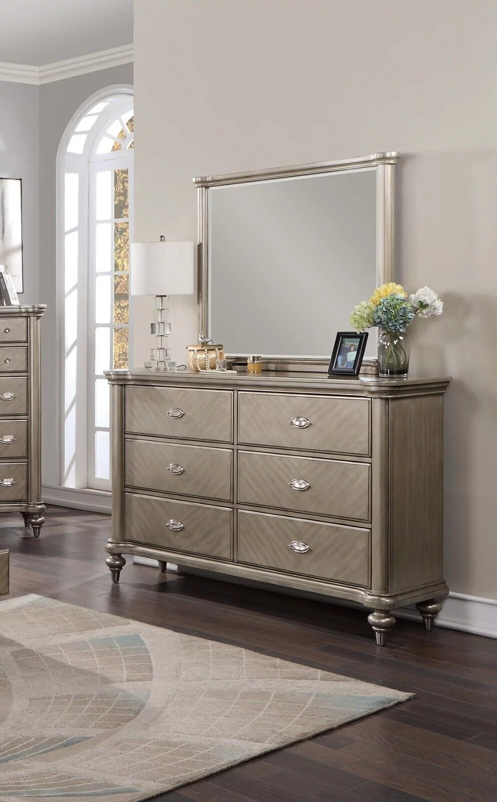 King Size Bed with Storage Drawers Dresser Mirror Nightstands Chest Grey Wooden V8873