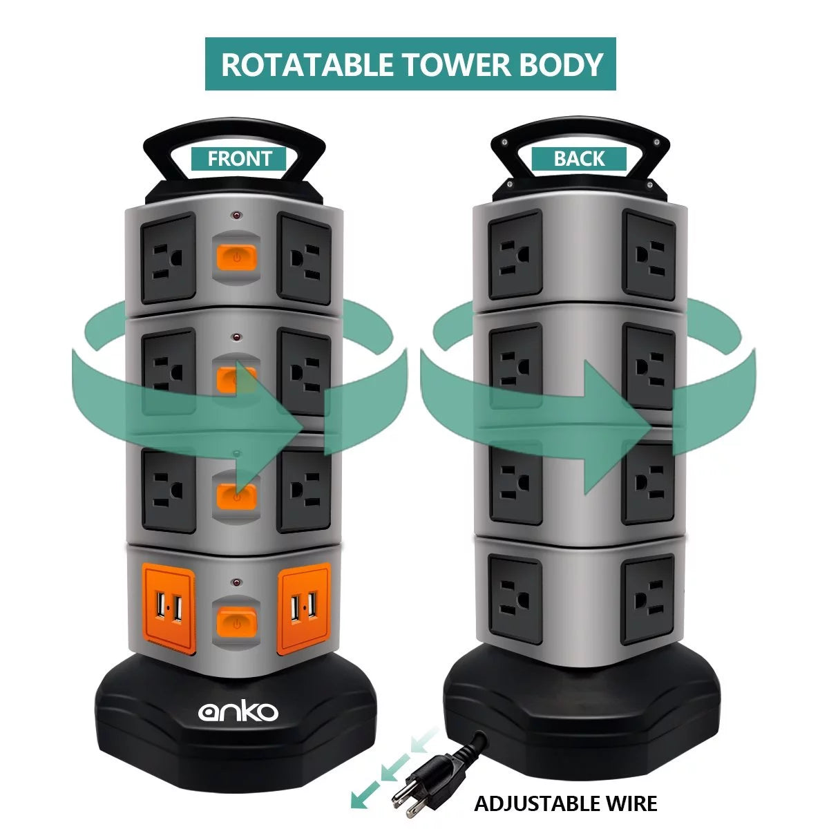 3000W 14 Outlet 4 USB Power Strip Tower T677