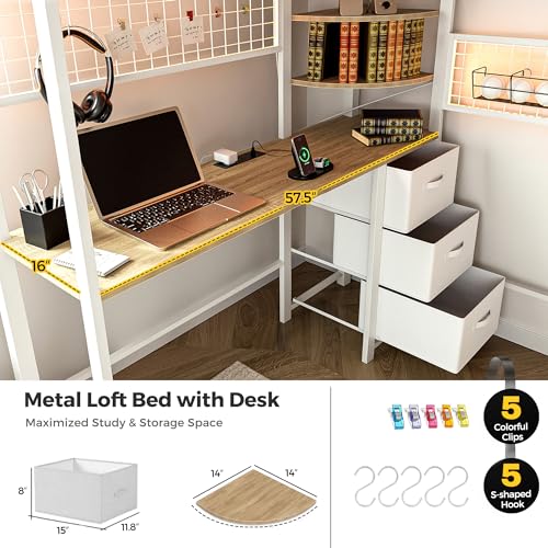 Full Size Metal Loft Bed with Desk and Stairs L1263