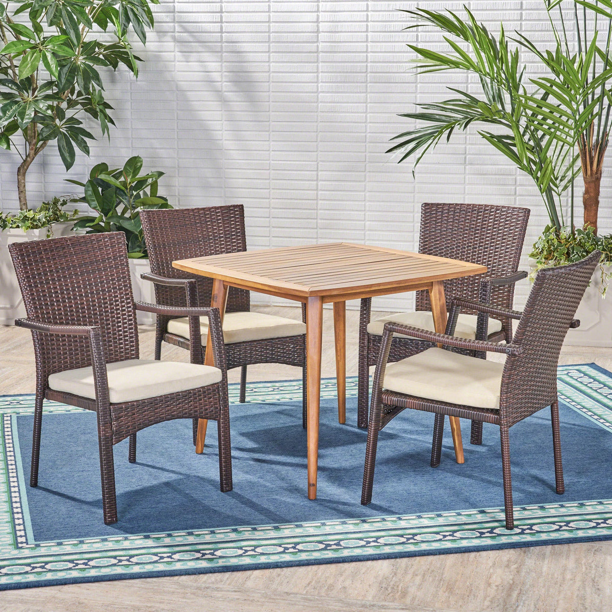 5 Piece Wicker and Acacia Wood Dining Set F34013