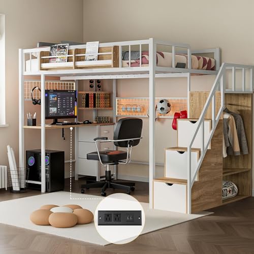 Full Size Metal Loft Bed with Desk and Stairs L1263