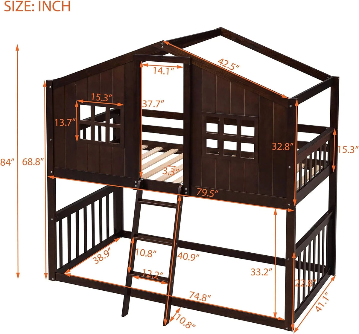 Espresso Wood House Bed with Ladder and Guard Rail D6880