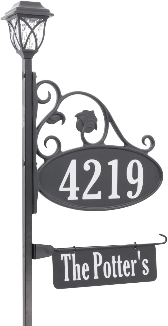 Handcrafted Oval Reflective Home Address Sign with Name Rider and Solar Light B487