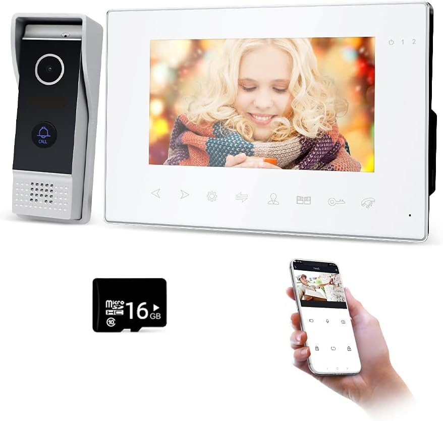 Video Door Phone 7 inch 4 Wired 720P System WiFi Outdoor Camera with 16G TFT Card IR Night Vision Motion Detection Dual-Way M72224