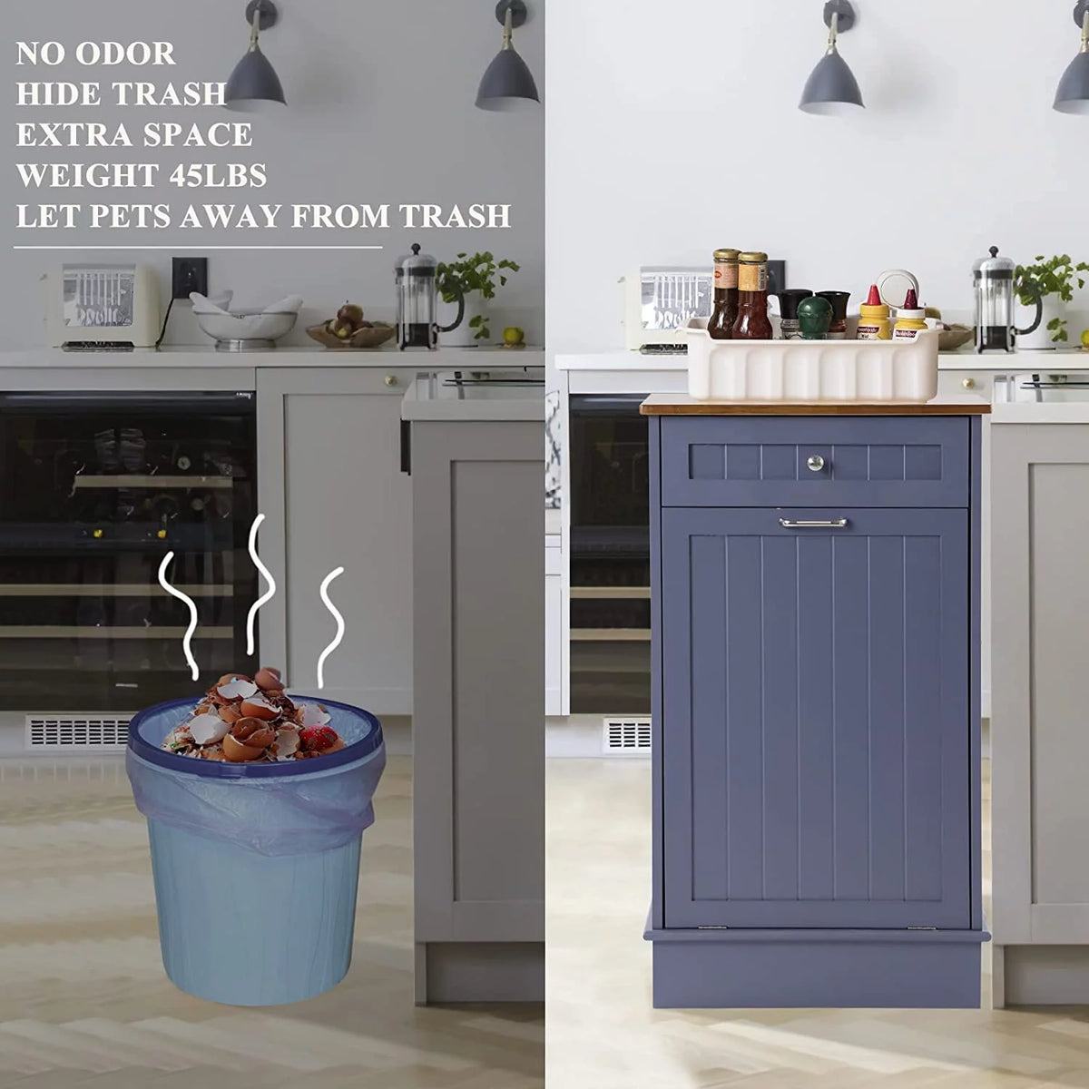 Mist Blue Tilt Out Trash Cabinet with Drawer W594703