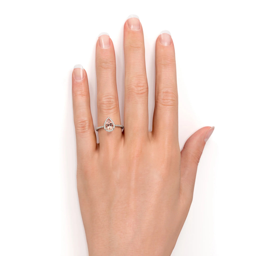 Pear Cut Peach Pink Morganite Halo Engagement Ring in 18k Rose Gold over Silver O605