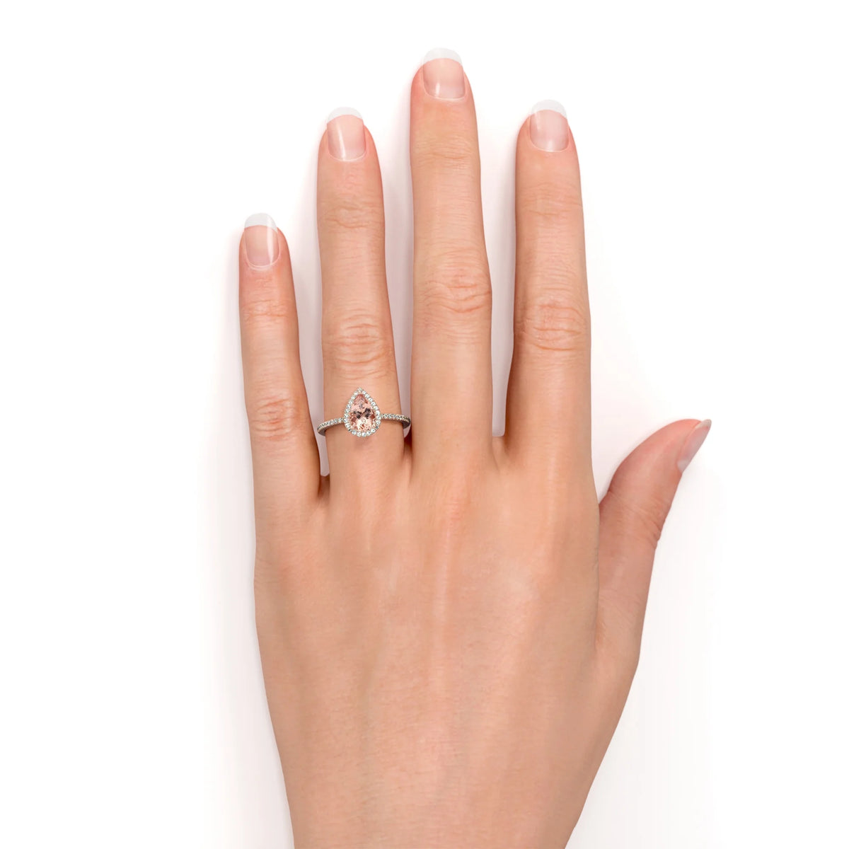 Pear Cut Peach Pink Morganite Halo Engagement Ring in 18k Rose Gold over Silver O605