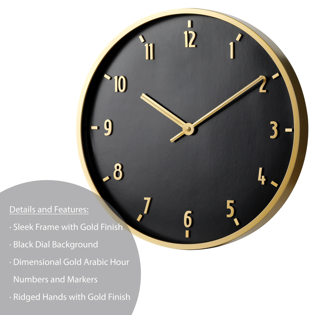 20" Round Indoor Black and Gold Analog Wall Clock with Arabic Numbers H755