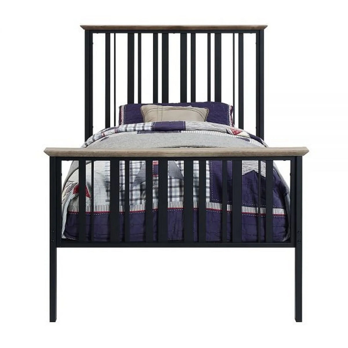 Antique Oak Brown & Black Twin Size Bed with Slatted Metal Frame J407147