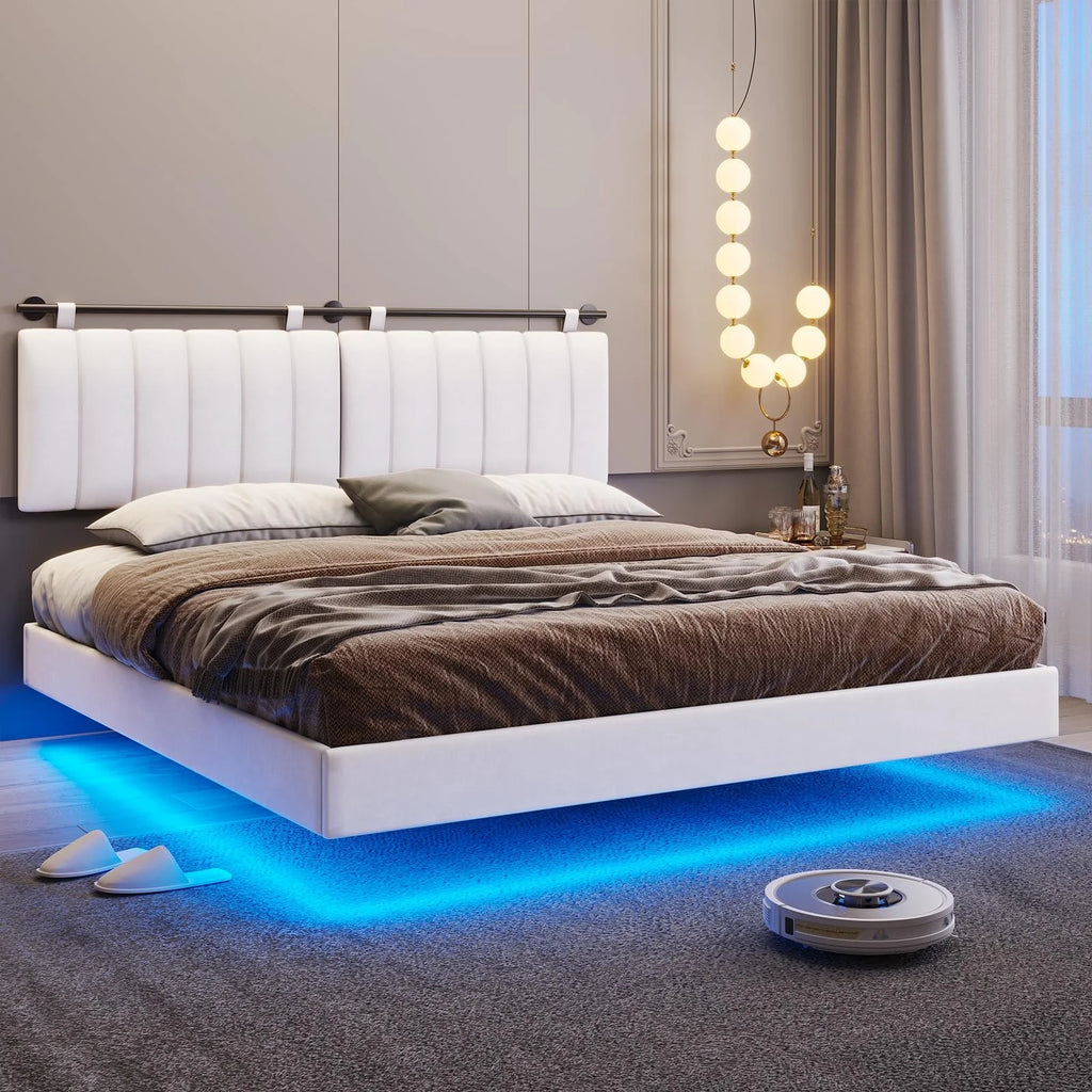 Queen Floating Bed Frame with LED Lights and Wall Mounted Headboard O3741