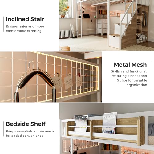 Full Size Metal Loft Bed with Desk and Stairs L1263