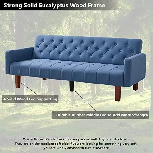 Blue Tufted Linen Convertible Futon Sofa Bed Twin Size with Solid Wood Legs O182290