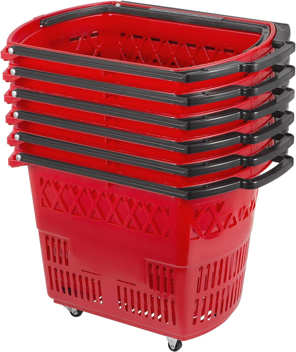6PCS Red Plastic Rolling Shopping Basket Set with Handles D582249