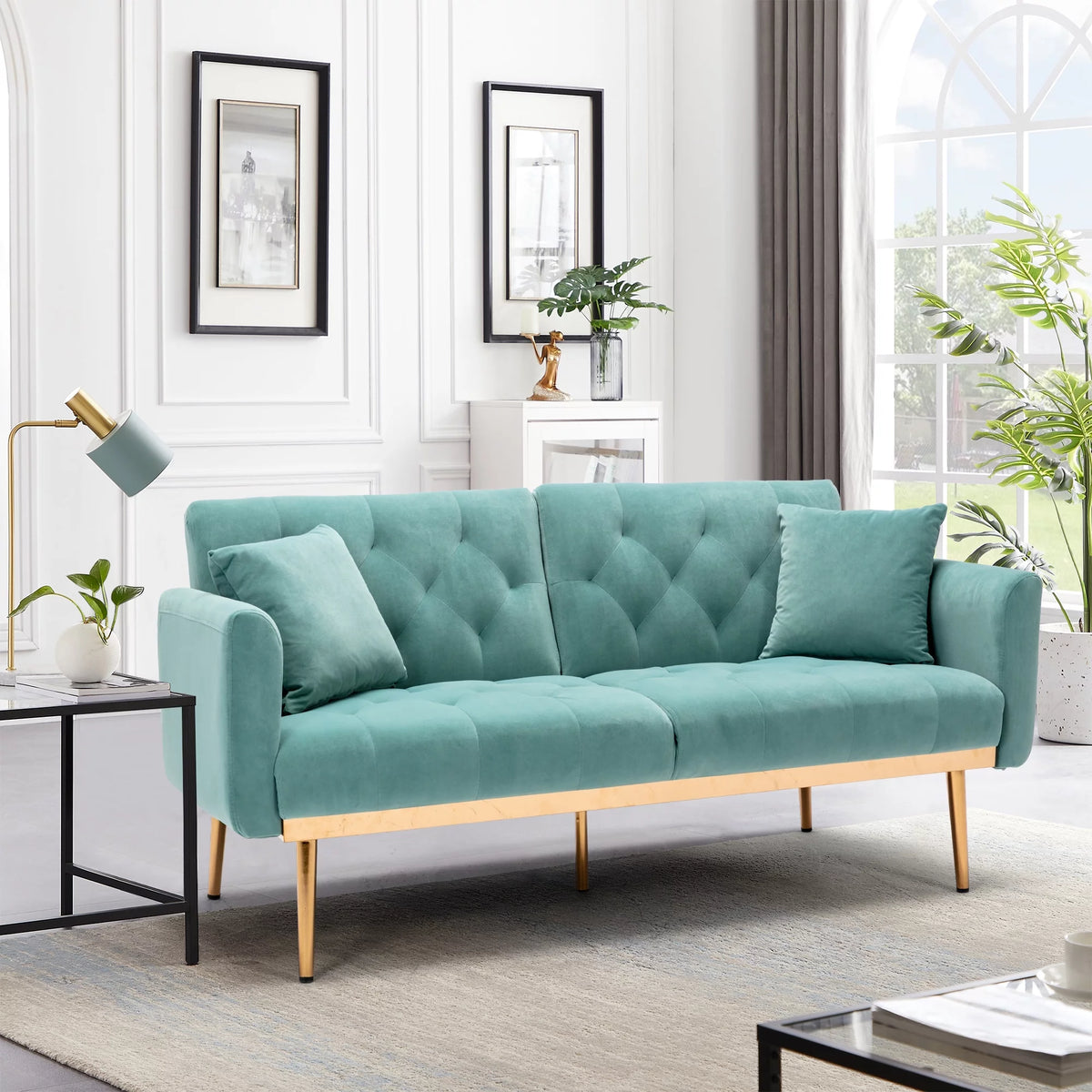 Mint Green Velvet 2-Seater Convertible Sofa Bed R365