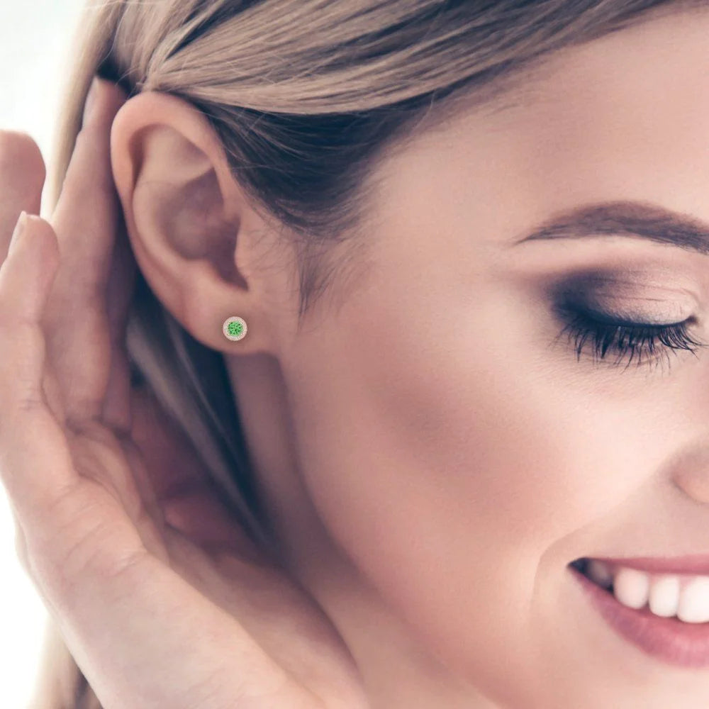 Green Simulated Diamond Halo Stud Earrings 18K Rose Gold Screw Back H3145
