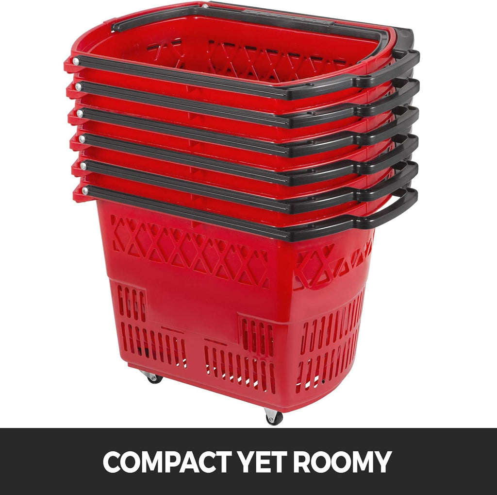 6PCS Red Plastic Rolling Shopping Basket Set with Handles D582249