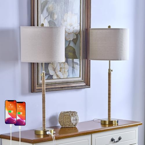 Rattan Buffet Table Lamp Set of 2 Adjustable with USB Ports R535749