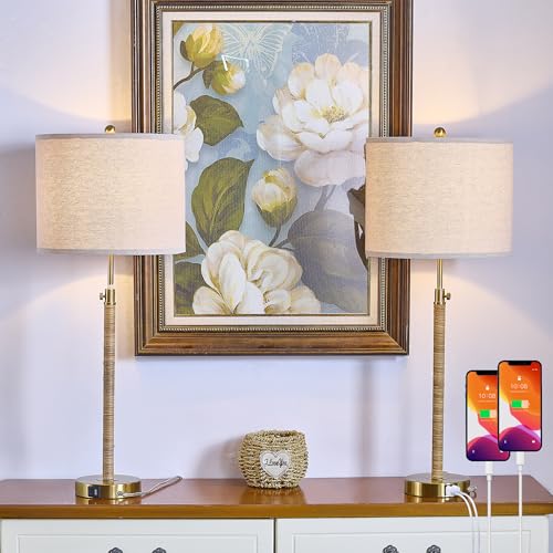 Rattan Buffet Table Lamp Set of 2 Adjustable with USB Ports R535749