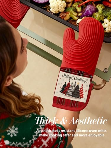 Long Silicone Oven Mitts 2 Pcs Cotton Oven Gloves Q37019