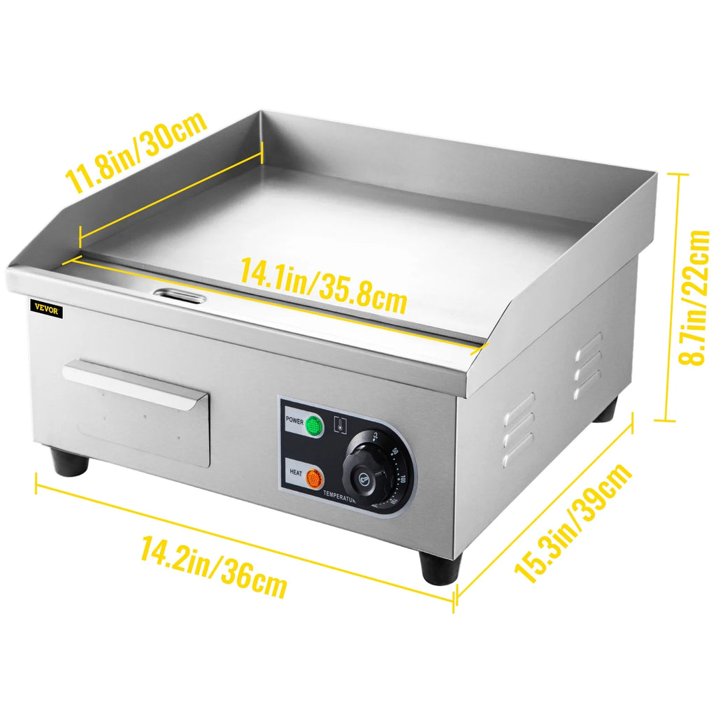 14" Electric Countertop Flat Top Griddle 1500W Non-Stick Stainless Steel S6387